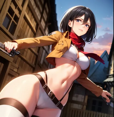 ((1girl)),((alone)),Mikasa ackerman, (Shingeki no kyojin),(masterpiece), (best quality), (ultra detailed), (best illustration), (best shadow), (absurdities ), sharp focus, cowboy shot, atmospheric perspective, depth of field, dynamic posture, ((looking at ...