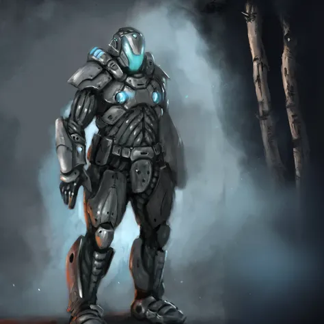 A futuristic soldier stands in strong, dark armor adorned with glowing blue accents, amidst a smoky backdrop. The detailed, bulky suit suggests advanced technology and protection, with intricate designs on the chest, shoulders, and limbs. The soldiers stan...