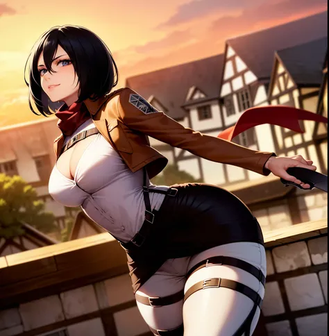 ((1girl)),((alone)),Mikasa ackerman, (Shingeki no kyojin),(masterpiece), (best quality), (ultra detailed), (best illustration), (best shadow), (absurdities ), sharp focus, cowboy shot, atmospheric perspective, depth of field, dynamic posture, ((looking at ...