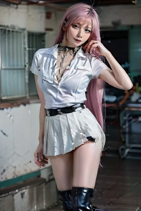 1 girl, 1, Long pink hair, green eyes with slit pupils, master-piece, best quality, (standing up), (white shirt), (tight white v-neck crop t-shirt, black leather pencil mini skirt, patent leather high heel boots, cleavage),  (Big , ultra gigantic , Super s...