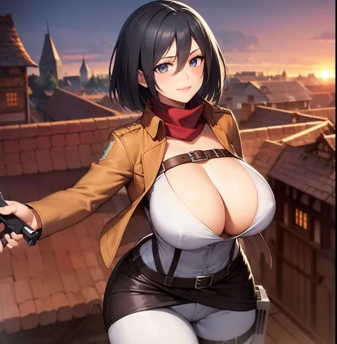 ((1girl)),((alone)),Mikasa ackerman, (Shingeki no kyojin),(masterpiece), (best quality), (ultra detailed), (best illustration), (best shadow), (absurdities ), sharp focus, cowboy shot, atmospheric perspective, depth of field, dynamic posture, ((looking at ...