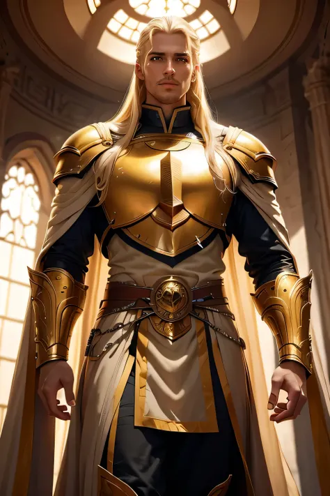 Tall and robust man, blonde hair and yellow eyes, with noble clothes, with an aura of an imposing and beautiful king, paladin of the sun