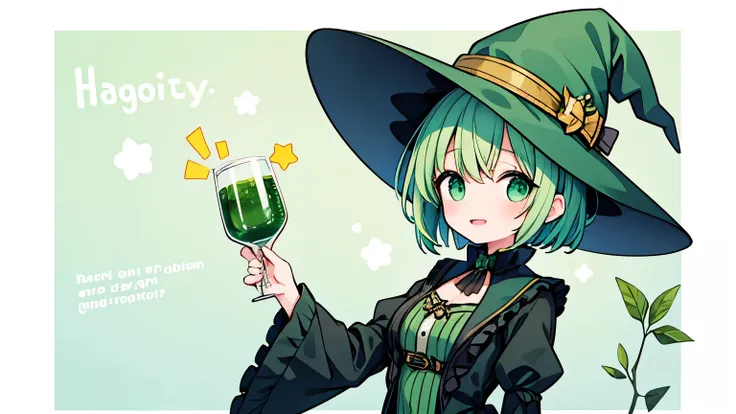 Girl with short green hair, witch clothes, green witch hat, magic, very happy