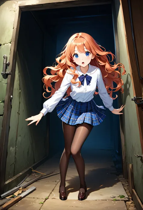 detailed illustration, dynamic angle, ultra-detailed, illustration, 1girl, in late teens, ruffled blouse, plaid school skirt, (pantyhoses), long wavy hair, strawberry blonde hair, blue eyes, detailed eyes, breasts, standing in a large dark basement, look o...