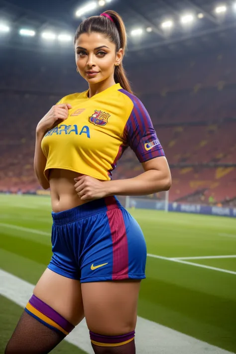 Full body photo of 50YO MATURE MILF AISHWARYA RAI as SEXIEST FOOTBALL PLAYER, ((MICRO MINI TIGHT SHORTS WITH BARCELONA JERSEY)), ((MOCKING SMIRK)), ((HIGHLIGHTED ponytail hair)), ((POSING IN A FOOTBALL STADIUM)), day scene, ((curvaceous mature hourglass fi...