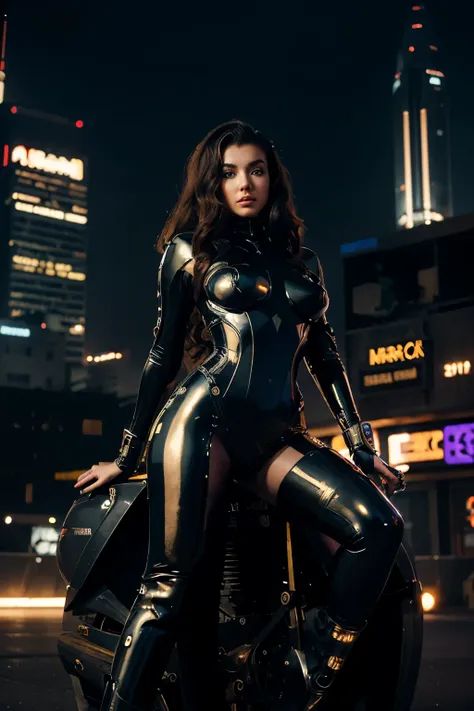 Beautiful cybernetic girl, similar to Marilyn Monroe, slender, with long curly hair, 3 size breasts, futurism, cyberpunk, steampunk, dressed in a black and gold latex shiny futuristic suit with elements of space and Egyptian style, in places with exposed p...