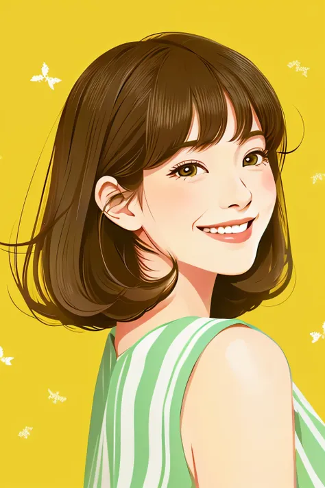 Woman in her 20s、A kind smile、Bob Hair、Japanese anime style illustration、Lemon yellow background