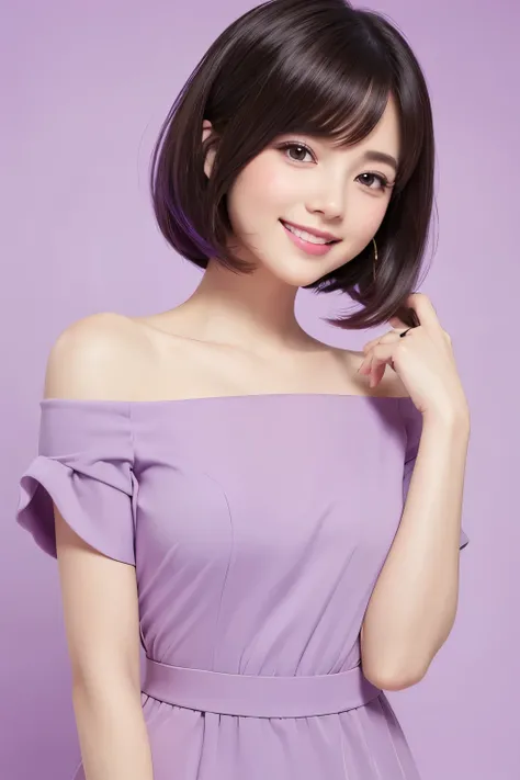 Gentle smile beauty bob hair woman in her 20s fashionable anime style illustration light purple background