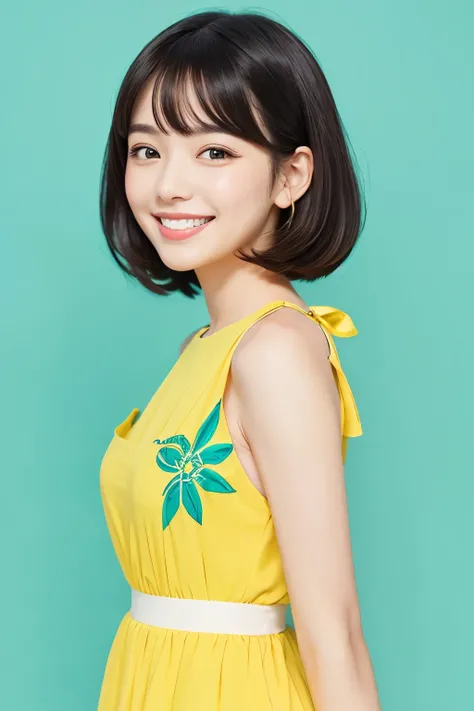 Woman in her 20s、A kind smile、Bob Hair、Fashionable anime style illustration、Lemon yellow background
