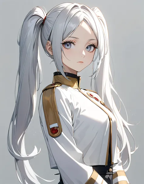 1girl, frieren character, silver hair with pony, twin tail, expressionless, tilt left, 20 year old women, half body, slim, best quality, beautiful, 8K, act elegant pose, perfect body, concept