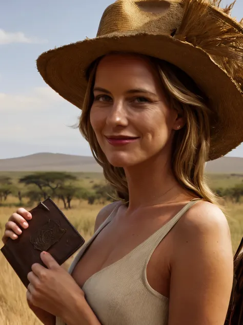 Safari Adventure in Serengeti A smiling blond woman named LaGermania near camera posing for a chic calendar photoshoot in the Serengeti during June. She stands beside an open safari vehicle with vast savannah plains stretching to the horizon. Dressed in sa...