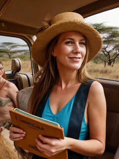 Safari Adventure in Serengeti A smiling blond woman named LaGermania near camera posing for a chic calendar photoshoot in the Serengeti during June. She stands beside an open safari vehicle with vast savannah plains stretching to the horizon. Dressed in sa...