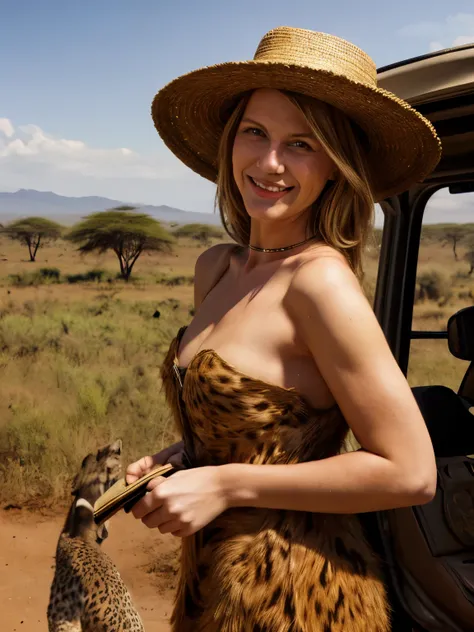 Safari Adventure in Serengeti A smiling blond woman named LaGermania near camera posing for a chic calendar photoshoot in the Serengeti during June. She stands beside an open safari vehicle with vast savannah plains stretching to the horizon. Dressed in sa...