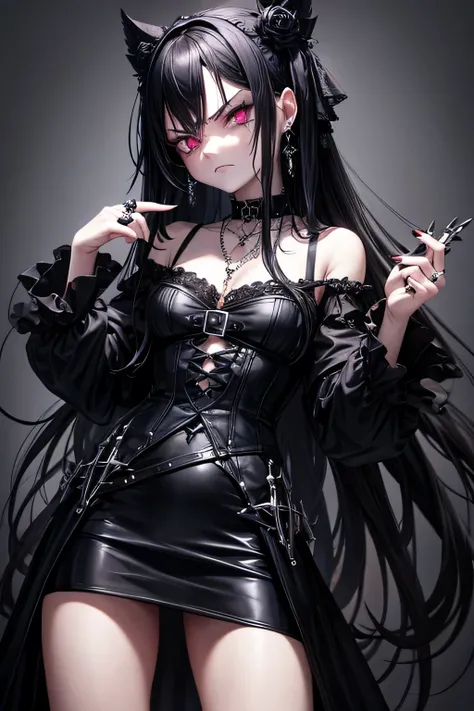 Angry goth girl flipping camera off, gothic clothing, gothic jewelry, long black hair