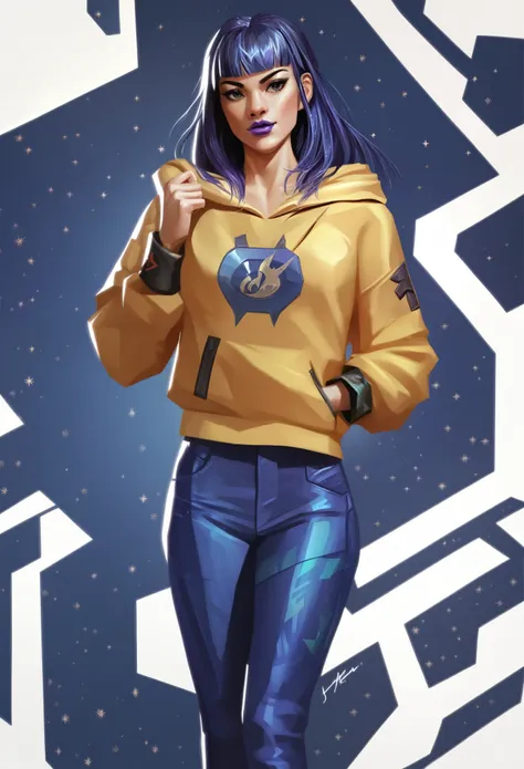 score_9, score_8_up,score_7_up, score_6_up, score_5_up, score_4_up, (top-quality, masterpiece:1.2) highly detailed, masterpiece, cinematic lighting, high quality artwork, beautiful, detailed background, valorant style, 1girl, yellow hoodie, blue pants, pur...