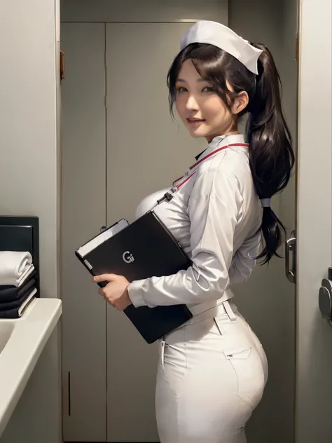 (Highly detailed face and skin texture), Japanese female, Young nurse, ((30 years old))), ((less beautiful face)), ((Big breasted woman face:1.5)), ((plain and pure white nurses cap:1.3)), ((shoot from front)), watching at Viewer, ((Realistic appearance:1....