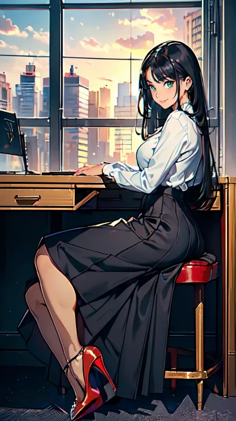 ((masterpiece, high resolution, better quality, better details)), ((Smiling)), ((one girl)) a girl sitting in the office, full body, maxi skirt, long skirt, ((long skirt without openings)),((louboutin high heels)), green eyes , ((black hair, long hair)), s...