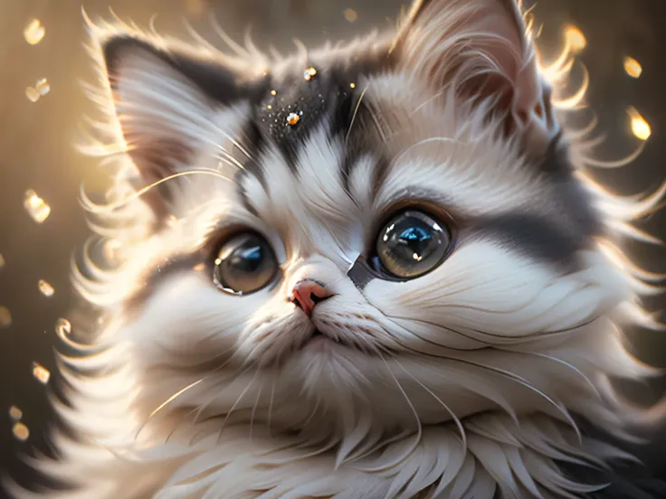 close-up photo super cute, big-eyed, with a soft, gentle nose, fluffy, smiling with two teeth, Persian cat on a natural background, realistic, beautiful, sparkles, stars in the eyes, soft volumetric light, (backlight:1.3), (cinematic:1.2), intricate detail...