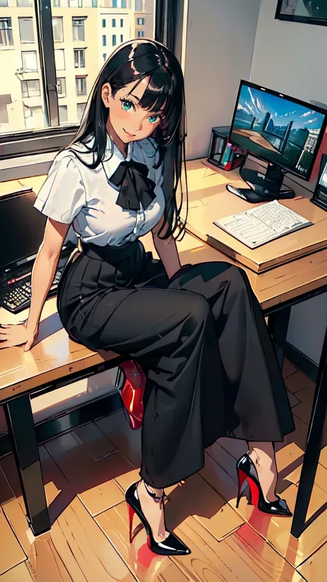 ((masterpiece, high resolution, better quality, better details)), ((Smiling)), ((one girl)) a girl sitting in the office, full body, maxi skirt, long skirt, ((long skirt without openings)),((louboutin high heels)), green eyes , ((black hair, long hair)), s...