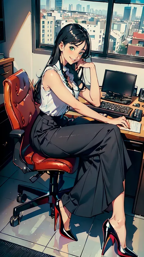 ((masterpiece, high resolution, better quality, better details)), ((Smiling)), ((one girl)) a girl sitting in the office, full body, maxi skirt, long skirt, ((long skirt without openings)),((louboutin high heels)), green eyes , ((black hair, long hair)), s...