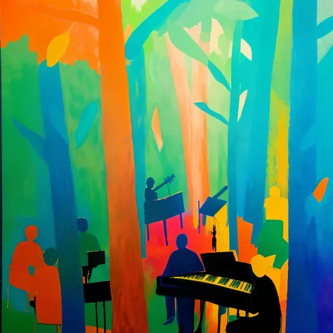 vibrant forest scenery, abstract art, musicians gathered, various instruments, piano focus, bold color blocks, green and blue trees, scattered orange and blue foliage, silhouettes, casual poses, mixed lighting, lively atmosphere, stylized figures, dynamic ...