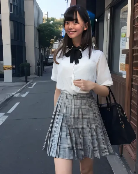 Super detailed,Highest quality,One high school girl,街の中をWalking,He turns slightly to the side and looks at me,White blouse,Wearing a checkered pleated skirt,Black boots,Walking