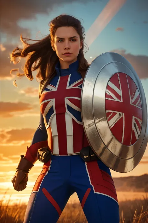 Captain Carter in her iconic Union Jack suit, standing heroically on a battlefield, ((shield on arm)), glowing with energy. The backdrop showcases a war-torn landscape with rays of sunlight breaking through the clouds, illuminating her figure. Muscular and...