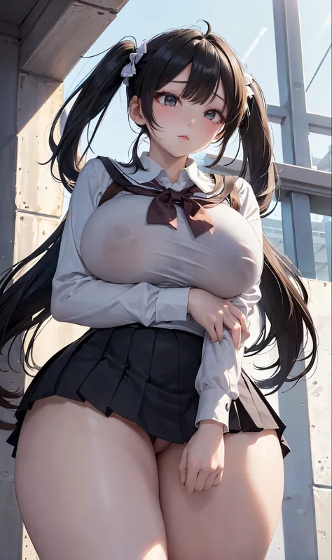 masterpiece, 最high quality, high quality, High resolution, high qualityの質感, high qualityの影, Attention to detail, Realistic, (Black hair twin tails:1.3), Side lighting, Lens flare, Ray Tracing, Sharp focus, (One girl, Low Shot , , No expression, , Huge brea...