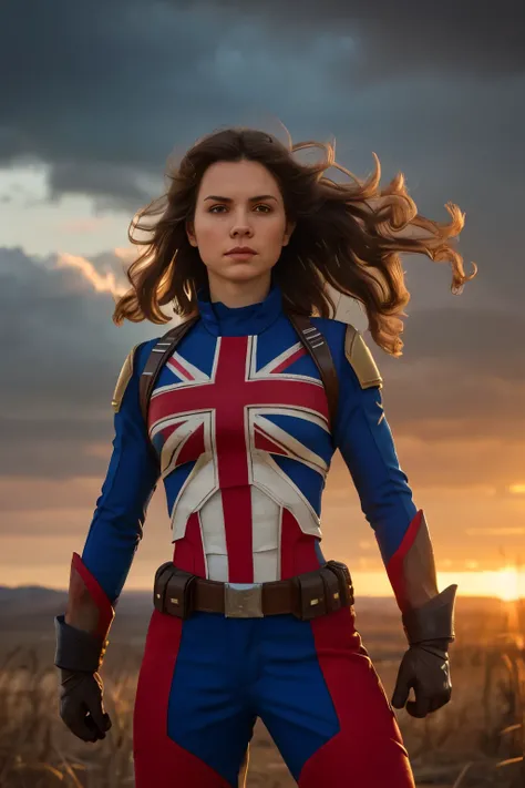 Captain Carter in her iconic Union Jack suit, standing heroically on a battlefield, ((no shield)), glowing with energy. The backdrop showcases a war-torn landscape with rays of sunlight breaking through the clouds, illuminating her figure. Muscular and con...
