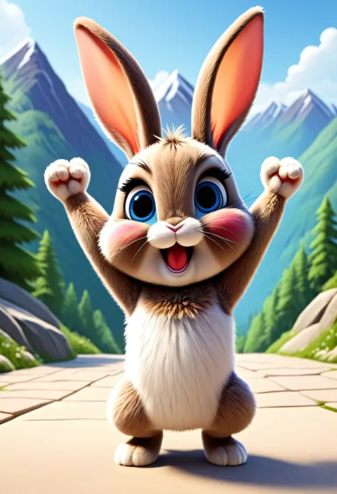 cute bunny, cartoon, arms, hands ,cute eyes, looking at viewer, arms up, flawless, mountain, floor