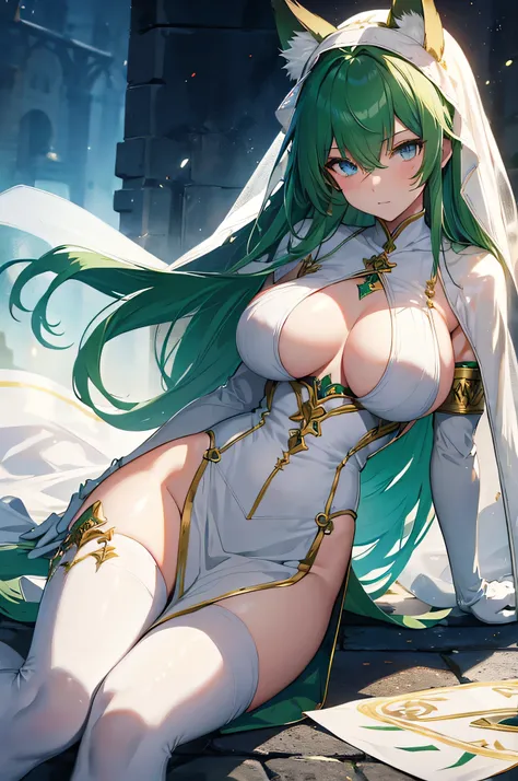 4K,High resolution,One Woman,Green Hair,long hair,Fox ears,Blue Eyes,Huge boobs,Nuns,White plate armor,Sideboob,White shoes,White gloves,White veil,Jewelry decoration,Long sword,Medieval town