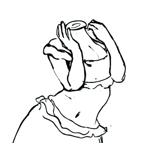 fluid pose, standing, playful gesture, wearing a ruffled off-shoulder top and matching skirt, head replaced by a saucer and hands miming adjusting an invisible face, background is plain white, sketch style, simple black and white line art, emphasizes the w...