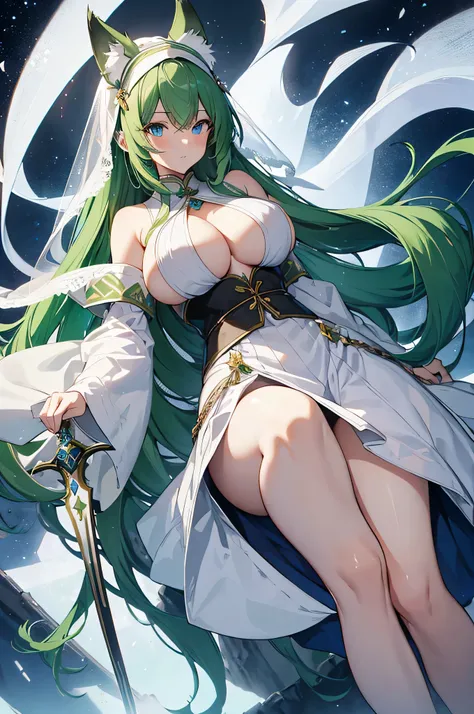 4K,High resolution,One Woman,Green Hair,long hair,Fox ears,Blue eyes,Huge boobs,Nuns,White Nuns Dress,Plate Armor,White shoes,White gloves,White veil,Jewelry decoration,Long sword,Medieval town