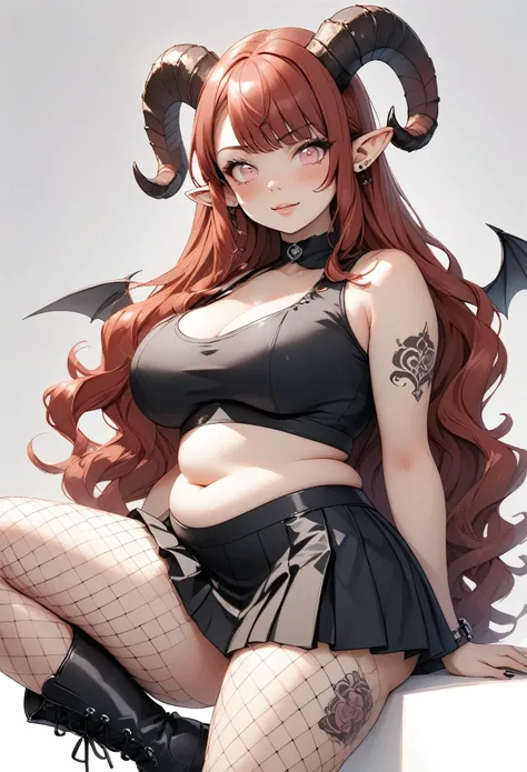 a 2d, handdrawn, succubus anime character, she is slightly chubby and has purple skin and pastel pink eyes, pointed elf ears, two curved horns coming out of her head and long wavy hair, she is wearing a tight black crop top, a black mini skirt and chunky b...