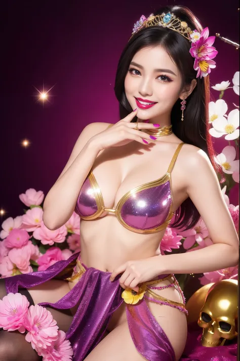 (nsfw)、sexy Thai model who controls poison、beautiful smile、lipgloss、bold lipstick、colorful metallic makeup、look at the camera、full body Esbian、、sparkling poisoned flower costume、、、、sparkling Colorful hair、secrete poison、skull hair accessories、sexy tights、s...