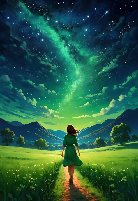 A girl walking through a green field under a night sky full of bright stars.