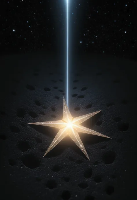 A star fallen to the ground, with a faint glow and a soft aura, in the middle of a dark field.