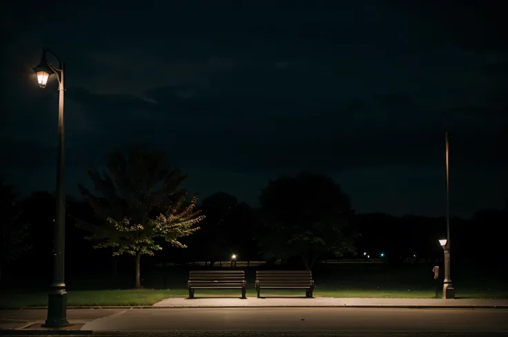 A park bench at night with lights from poles, cinematic scene, no people