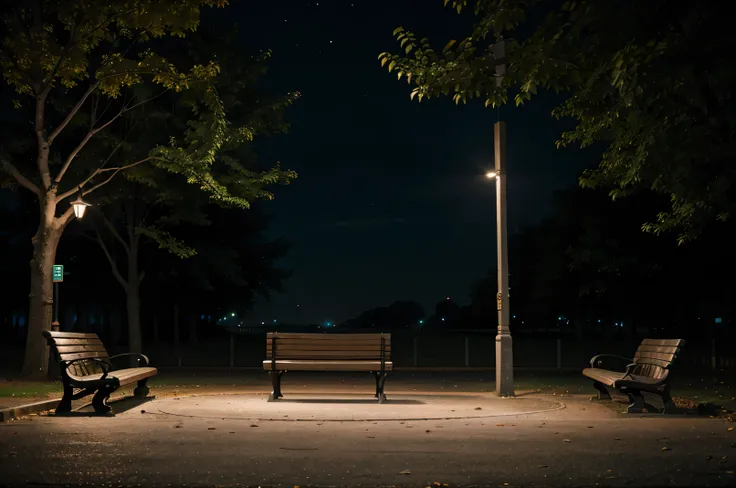 A park bench at night with lights from poles, cinematic scene, no people