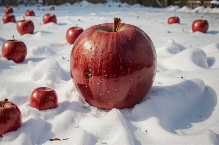 A red apple seed falling in the snow, close up photo, no people, no part of body of people