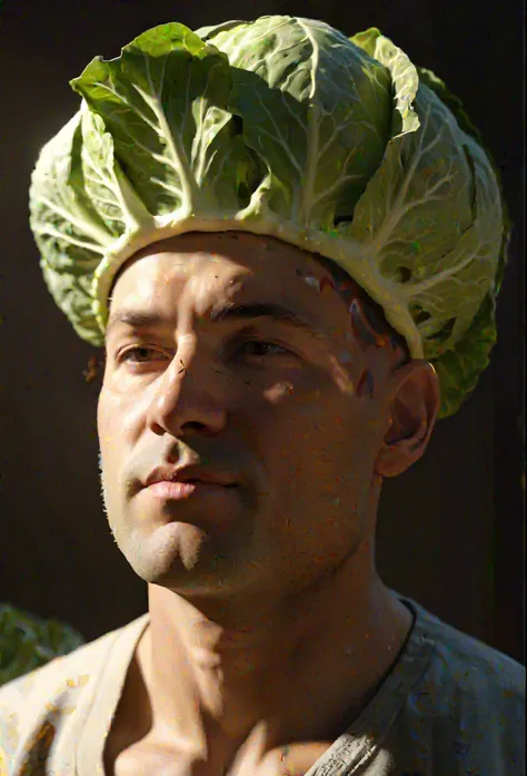 portrait of a man with a cabbage-shaped head, 32k, AO, redshift rendered in Maya, photorealistic, detailed shadows, Accent Lighting, mood lighting, Ray Tracing Global Illumination, Ray Tracing Reflections, Dynamic lighting, tone mapping, Ray Tracing Ambien...