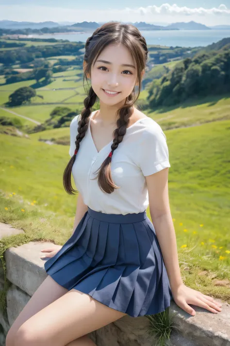 1 young girl,very cute and beautiful japanese teen actress,highly detailed beautiful face,twin braid,
white camisole,looking at viewer,smile,happy,stylish pose,pleated navy blue mini skirt,solo,
countryside,hilltop,grassland,distant ocean background,beauti...