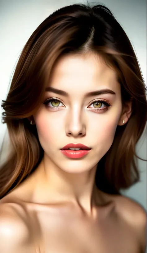 , Fashion model 2 [[[[close-up]]], [[[[chest]]]], [[[[neck]]], [shoulders]]]]], Perfect eyes, Perfect iris, Perfect lips, Perfect teeth, Perfect skin, Soft front light, Glow, HDR, (Soft color: 1.2)