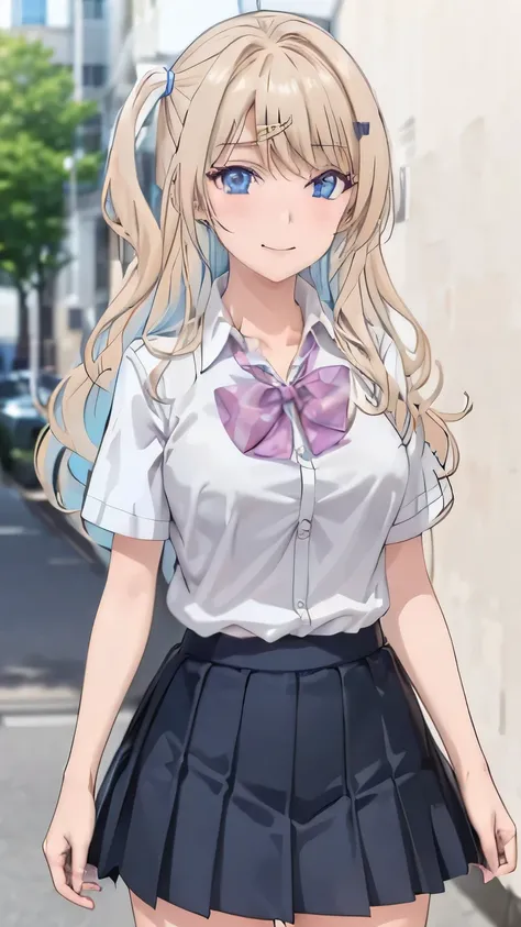 1girl, pretty face, black school skirt, white school uniform, bow tie, beautiful body, first-year female body, blushing, medium breasts, looking at the audience, closed mouth, faint smile, shy, blushing, thighs, white sneakers, japanese school uniform, cow...