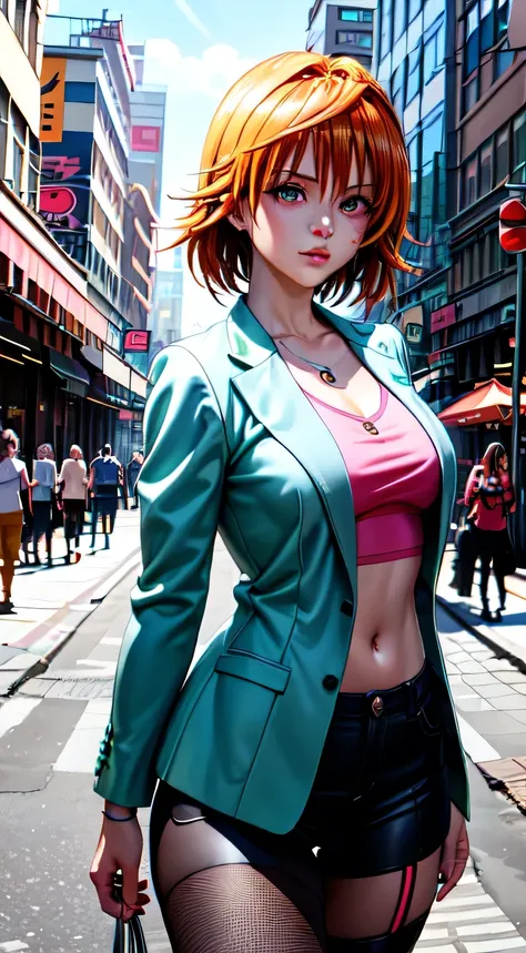 (best qualityer,4K,8k,high resolution,work of art:1.2),ultra detali,(realisitic,photorealisitic,photo-realisitic:1.37),Green hair and pink hair,blue colored eyes,アニメ,standing alone,moderno,cyber punk,light effects,colorfully,elegant compositions,beautiful ...