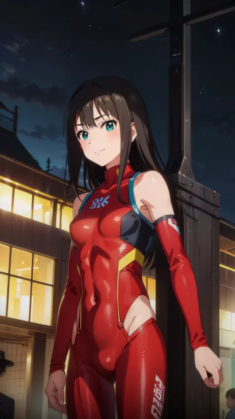 (masterpiece、Highest quality、In 8K、High resolution:1.2)、alone、One Girl、 Rin Shibuya, smile、Cowboy Shot、Look at the viewers、Hero Suit、Red bodysuit、Tight suit、((Trained abdominal muscles))、（Trained biceps）、(building:1.2)、Night view