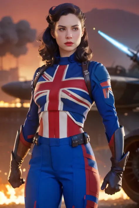 Captain Carter in her iconic Union Jack suit, standing heroically on a battlefield, red and blue shield on arm, glowing with energy. Hyper realistic super detailed capitain Carter, Very detailed, (hyper realistic: 1.4), (in dynamic fight pose, angry face))...