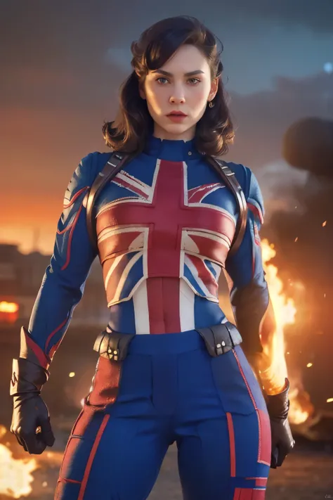 Captain Carter in her iconic Union Jack suit, standing heroically on a battlefield, red and blue shield on arm, glowing with energy. Hyper realistic super detailed capitain Carter, Very detailed, (hyper realistic: 1.4), (in dynamic fight pose, angry face))...