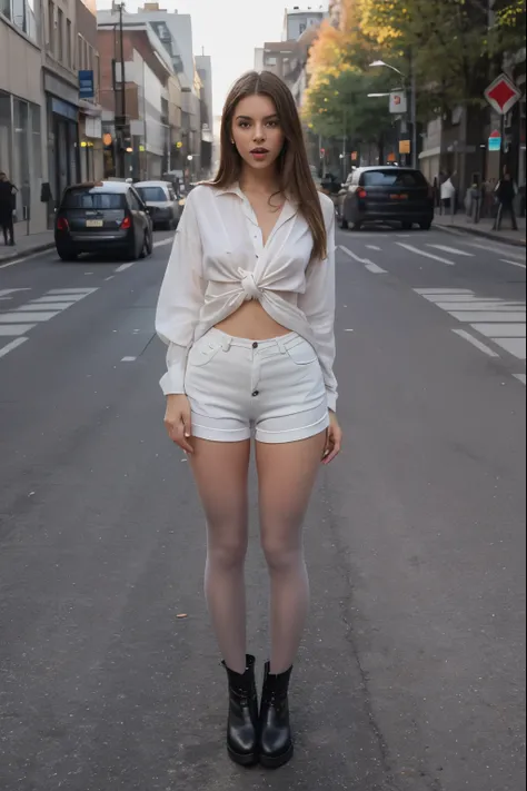 skinny woman 21, caucasian, extremely beautiful, petite, small , long dark blonde hair, straight hair, full body wearing trendy very_tight white lifted knot shirt, girl wearing fashionable ankle boots, shinny pantyhose, very agitated, full body standing po...