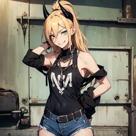 1girl, in full height (Body Full 1.1), Horns, smile, saw teeth, hairlong, looking a viewer, small breasts, punk, low cut jeans, blue eyes, Hair between the eyes, (with grinning shoulders:1.3), black Top transparent, blonde woman, boots, sexy clothes, chain...